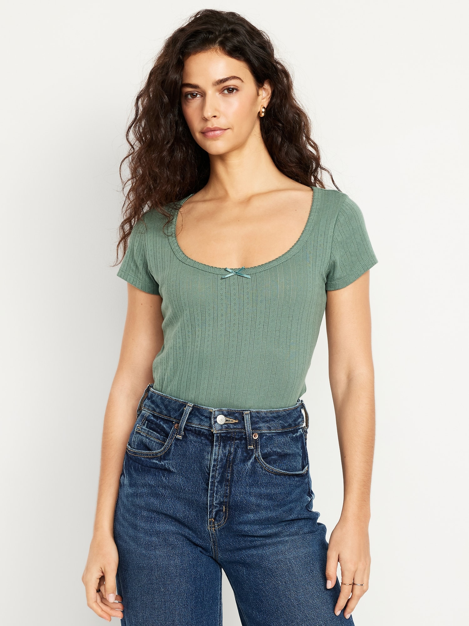 Lace-Trim Ribbed Pointelle T-Shirt