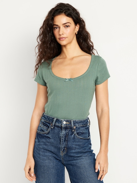 Lace-Trim Ribbed Pointelle T-Shirt