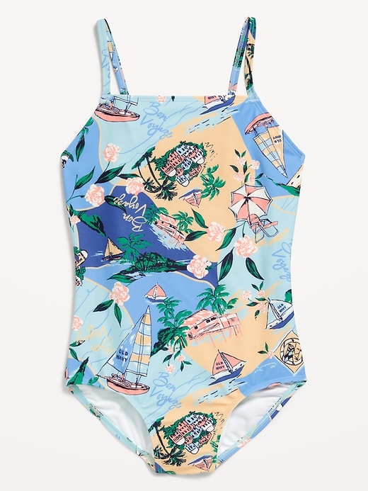 View large product image 1 of 1. Printed Back Cutout One-Piece Swimsuit for Girls