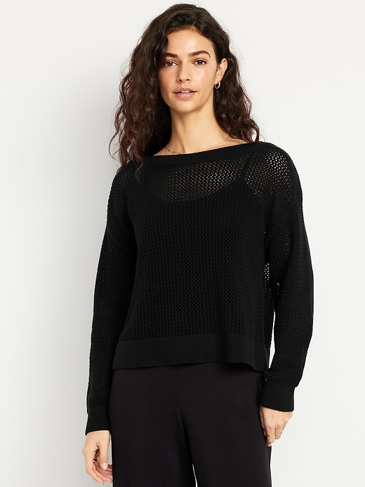 Image number 1 showing, Boat-Neck Open-Stitch Sweater