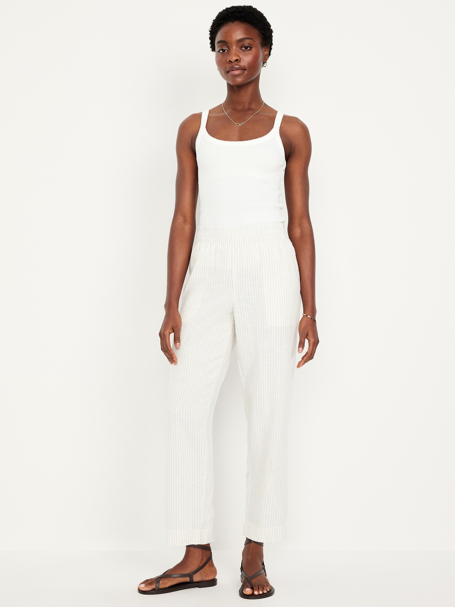 High-Waisted Linen-Blend Straight Pants