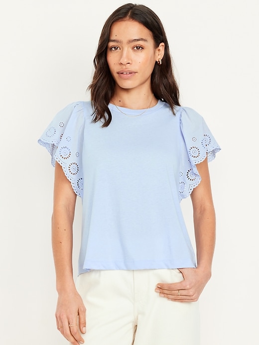 Image number 1 showing, Cutwork-Sleeve Mixed Fabric Top