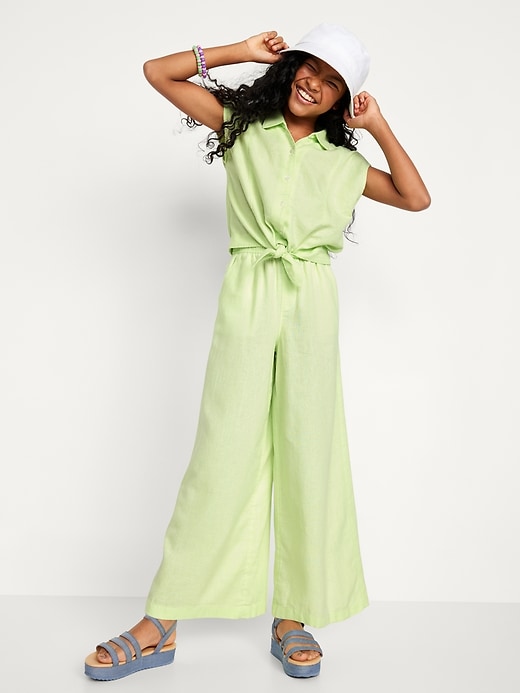 L'image numéro 3 présente Pantalon à jambe large en mélange de lin taille haute pour fille