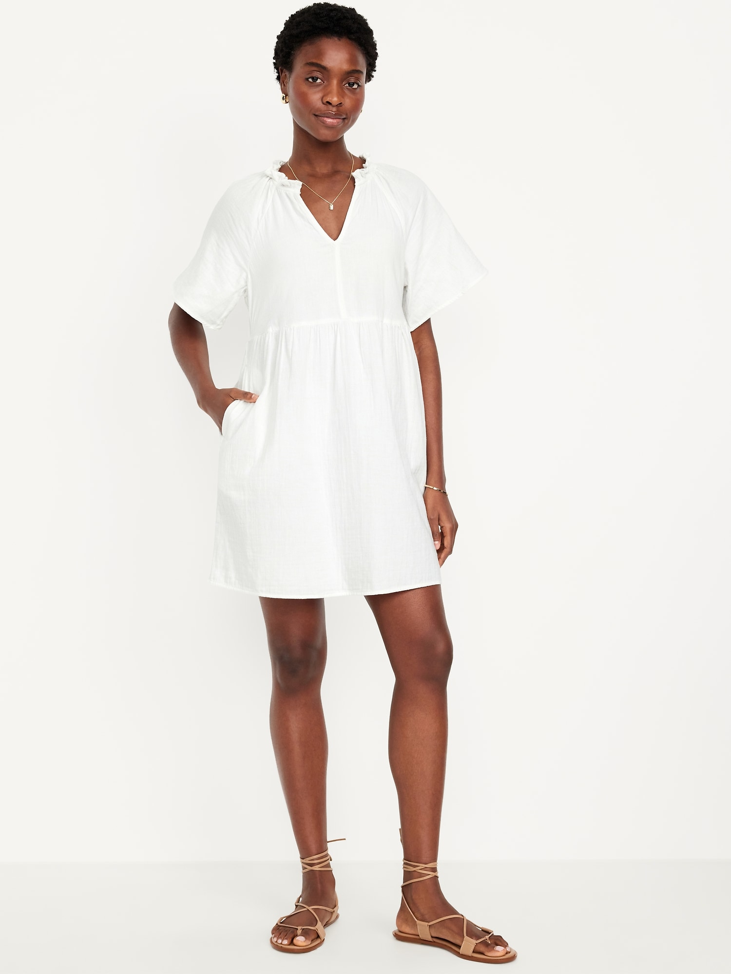 Split-Neck Crinkle Gauze Mini Swing Dress