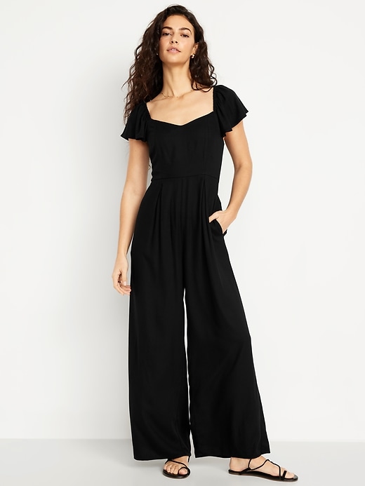 Image number 1 showing, Fit &amp; Flare Flutter-Sleeve Crepe Jumpsuit