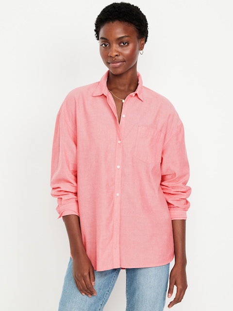 Oversized Button-Down Boyfriend Shirt - Pink