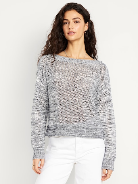 Boat-Neck Open-Stitch Sweater
