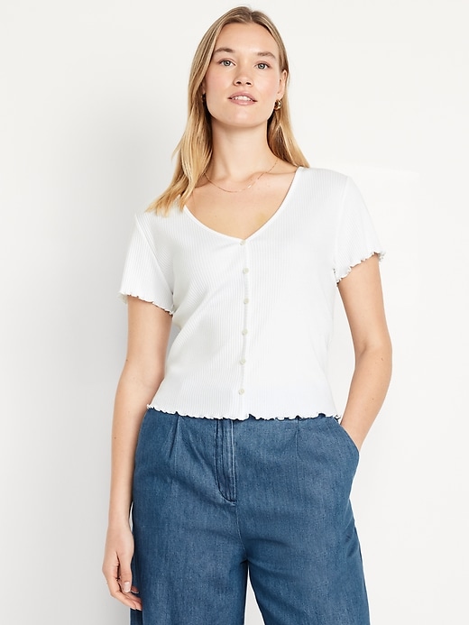 Image number 5 showing, Ribbed Button-Down Lettuce-Edge Top