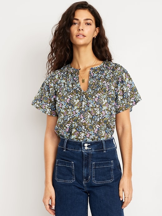 Image number 1 showing, Shirred Flutter-Sleeve Top