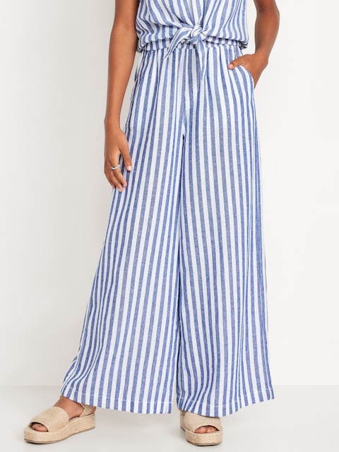 Pantalon à jambe large à taille haute en mélange de lin pour fille