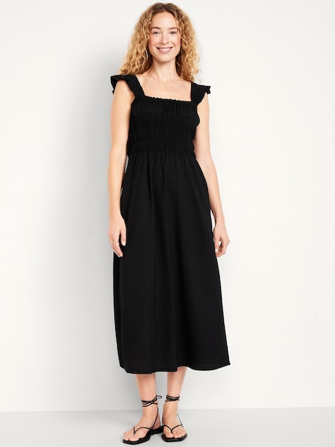 Robe mi-longue ajustée et évasée légère à smocks