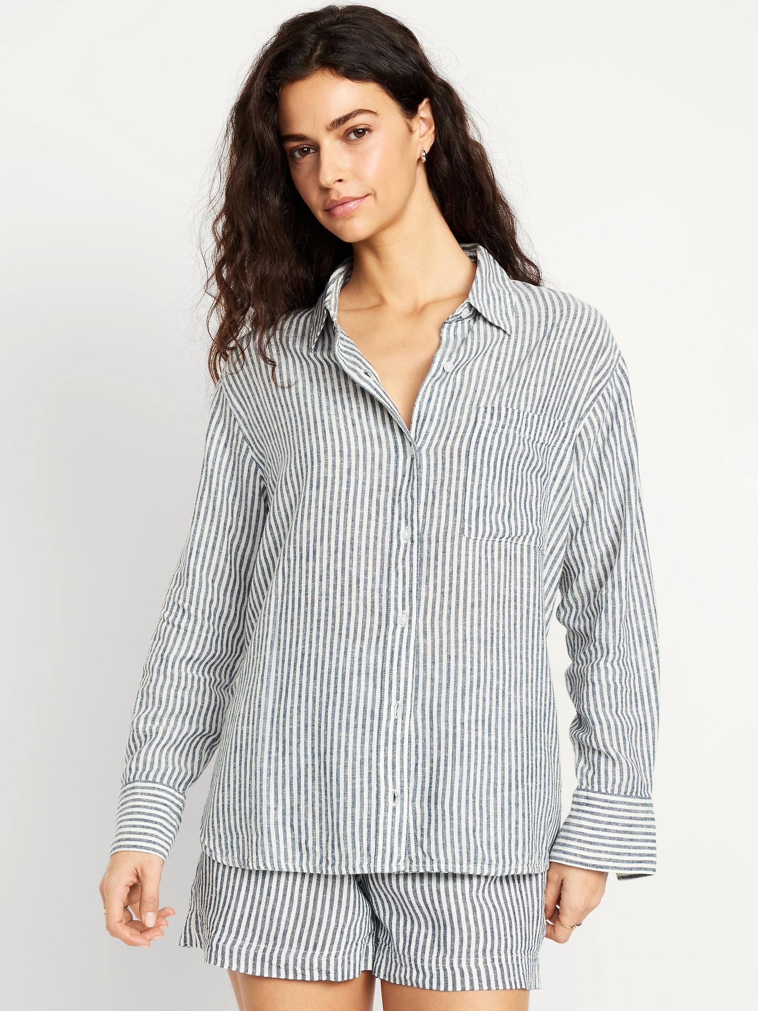 Button-Down Linen-Blend Striped Shirt