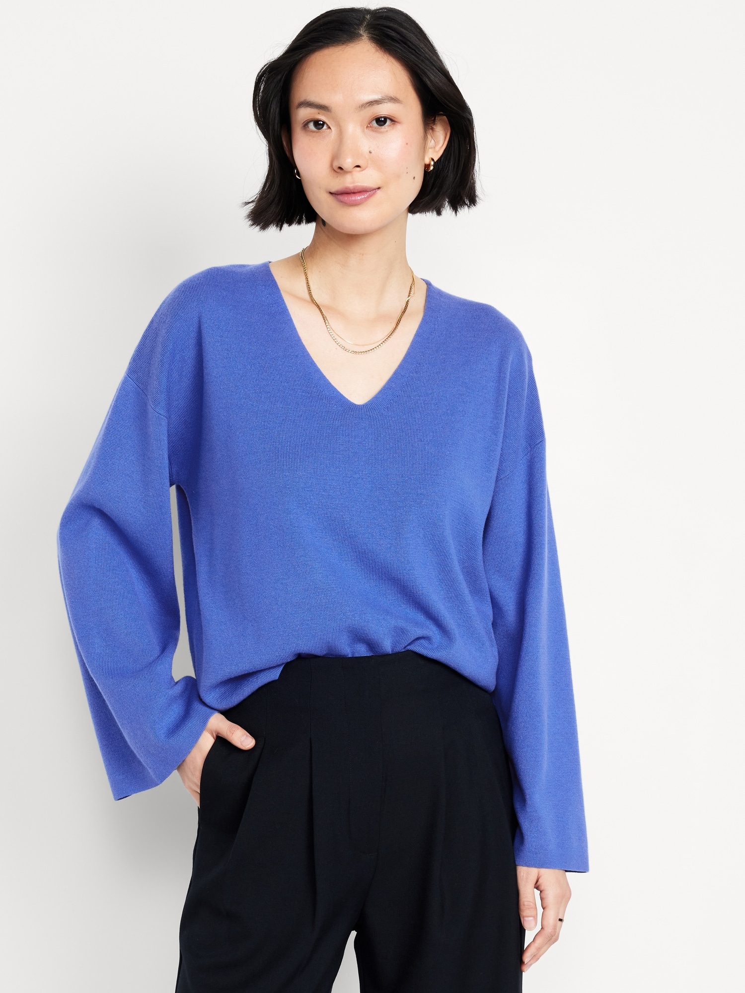 Bell-Sleeve V-Neck Sweater