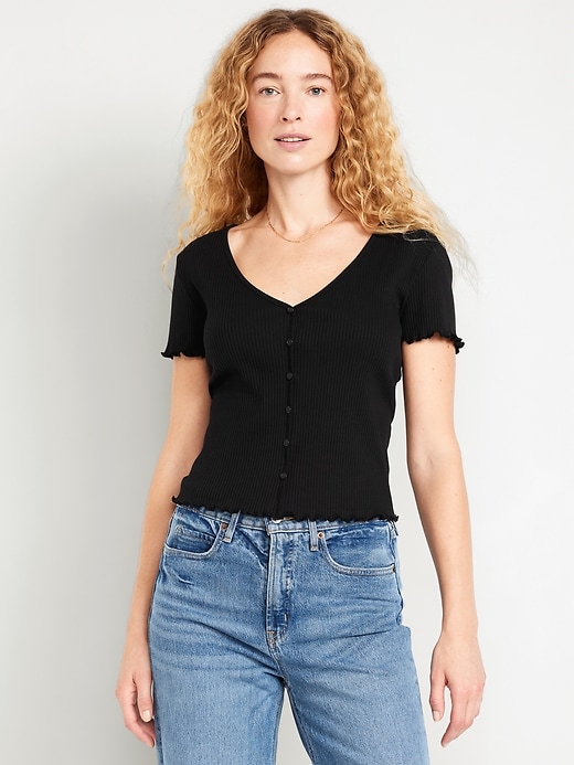 Image number 1 showing, Ribbed Button-Down Lettuce-Edge Top