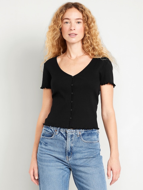 Ribbed Button-Down Lettuce-Edge Top