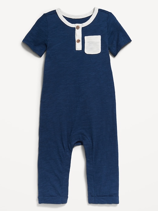 View large product image 2 of 2. Short-Sleeve Slub-Knit Henley One-Piece for Baby