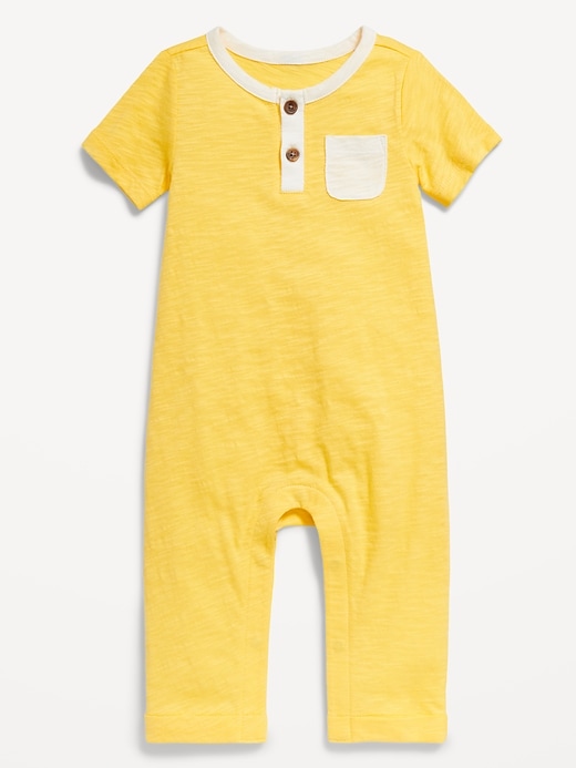 View large product image 2 of 2. Short-Sleeve Slub-Knit Henley One-Piece for Baby