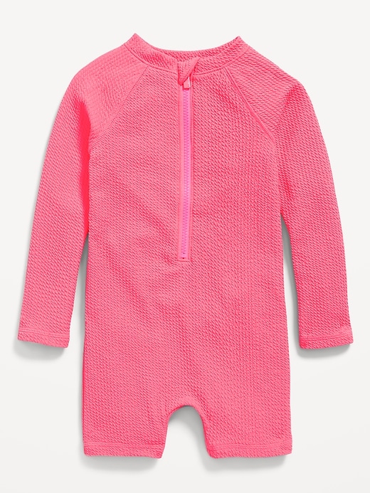 View large product image 1 of 1. Textured Zip-Front Rashguard Romper Swimsuit for Toddler & Baby