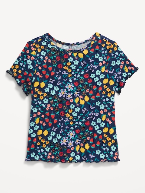 Printed Short-Sleeve Lettuce-Edge T-Shirt for Toddler Girls - Blue