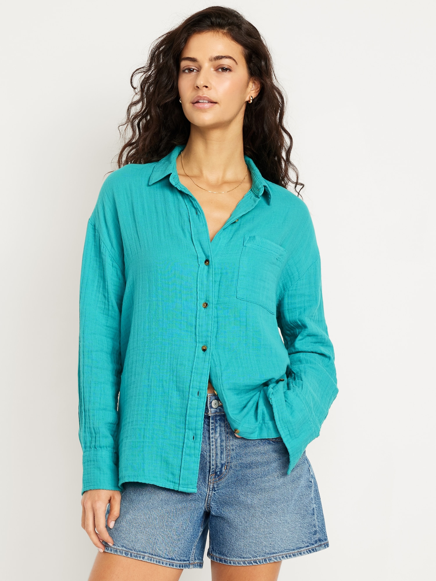 Crinkle Gauze Loose Button-Down Shirt