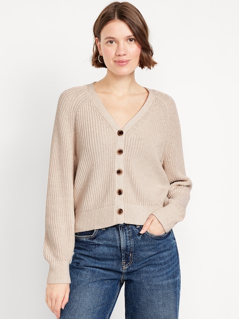 V-Neck Shaker-Stitch Cardigan Sweater