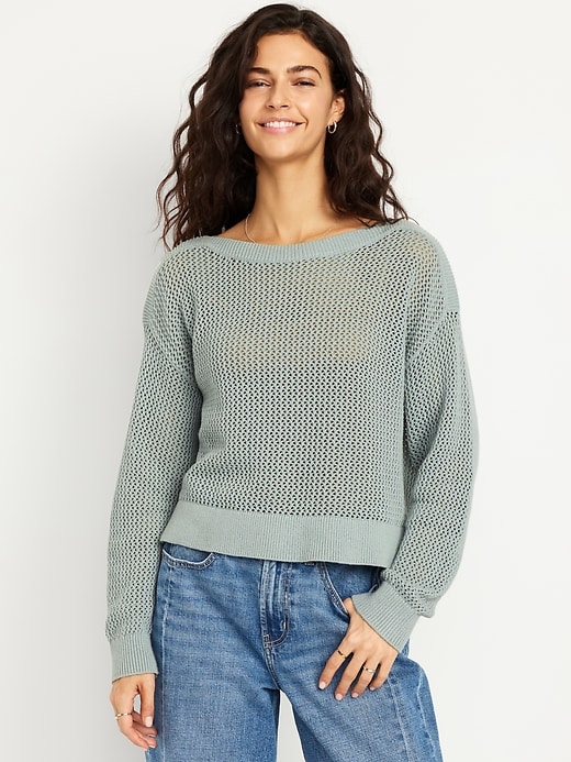 Image number 1 showing, Boat-Neck Open-Stitch Sweater