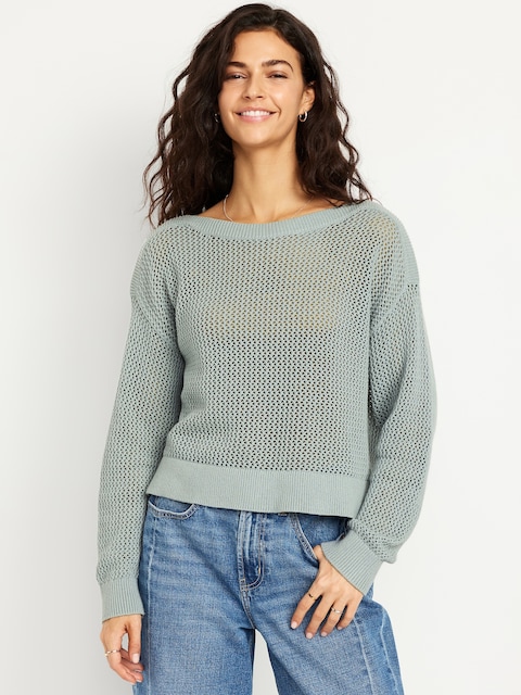 Boat-Neck Open-Stitch Sweater