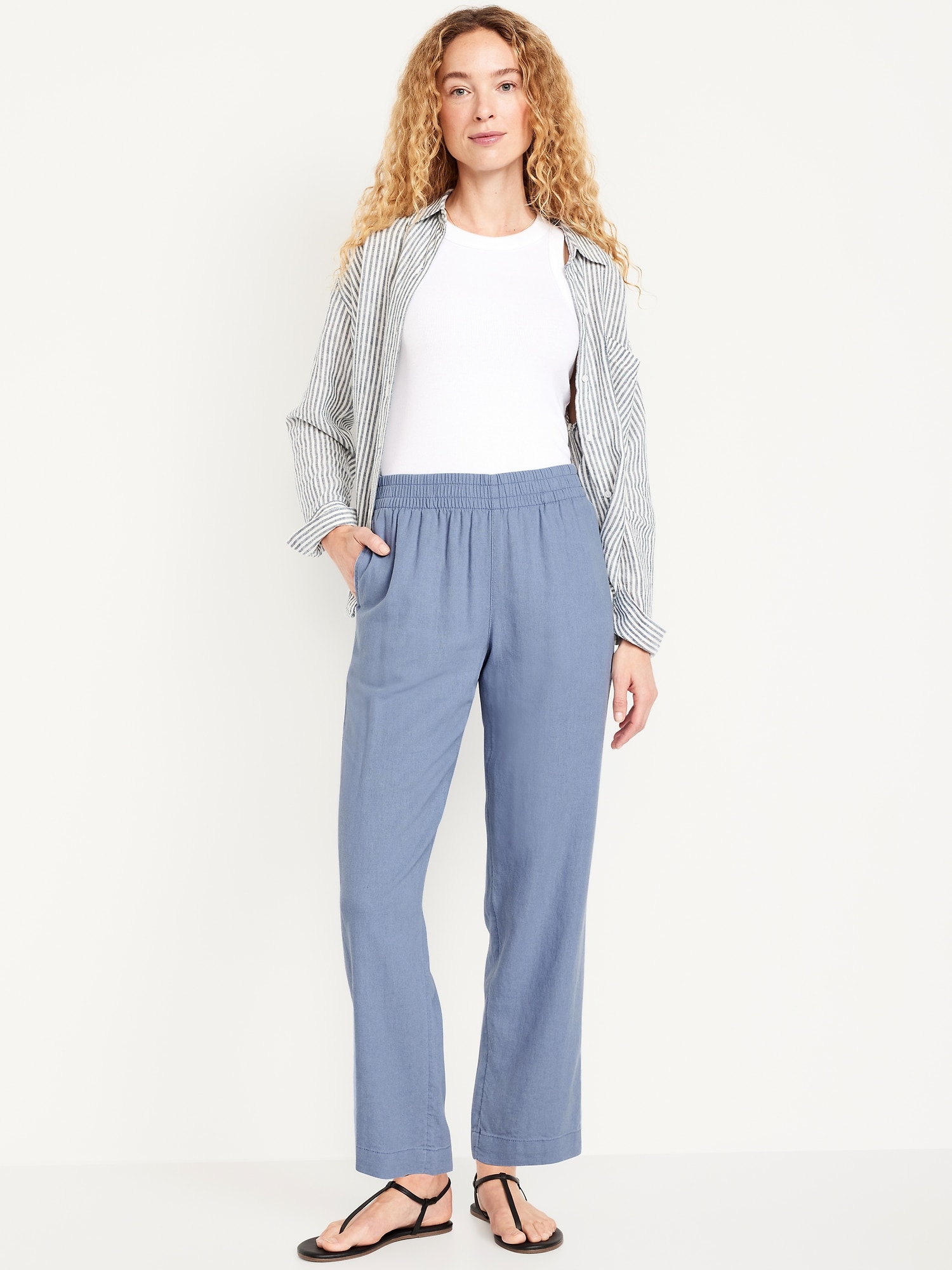 Linen-Blend Straight Ankle Pants