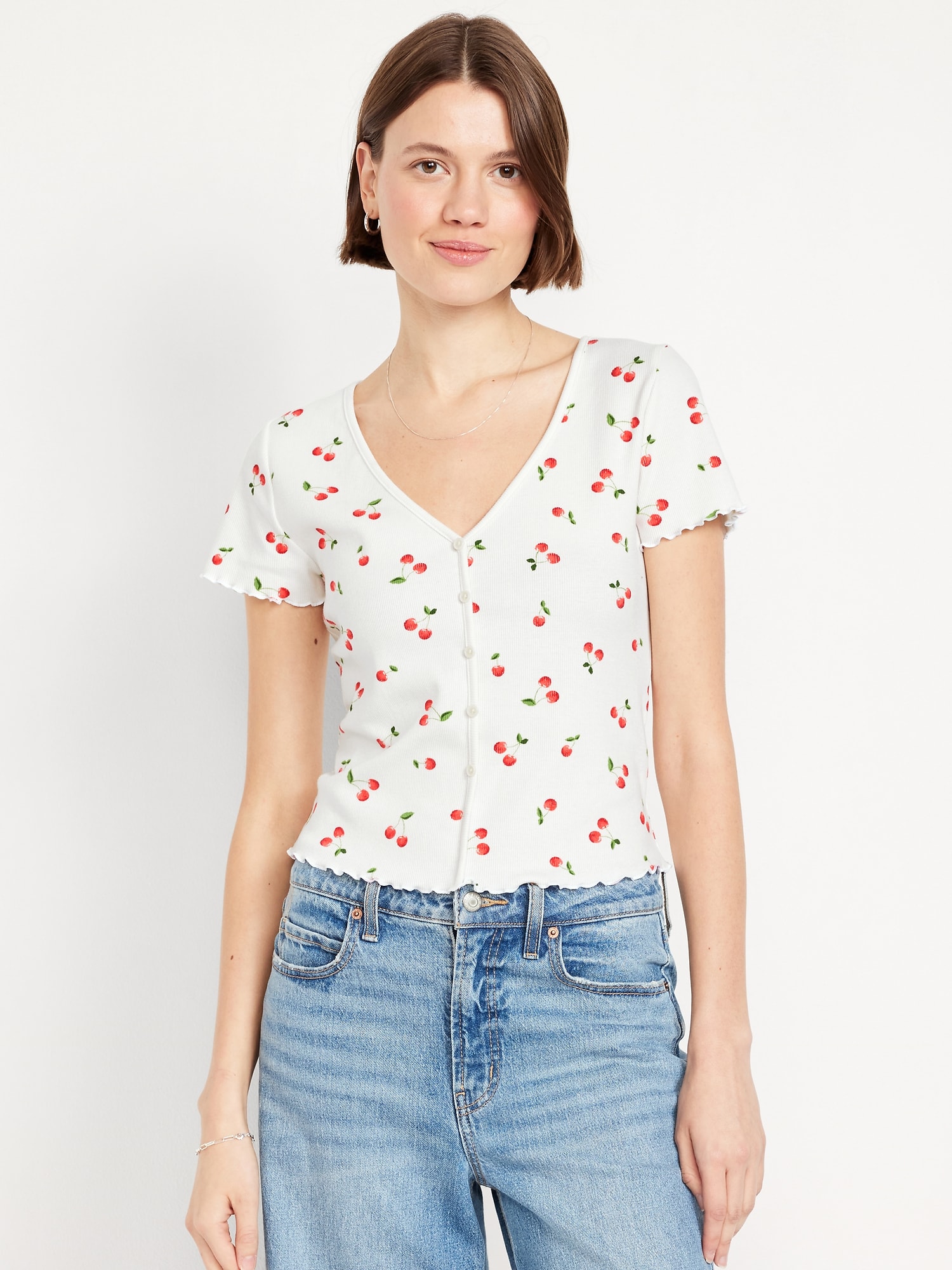 Ribbed Button-Down Lettuce-Edge Top