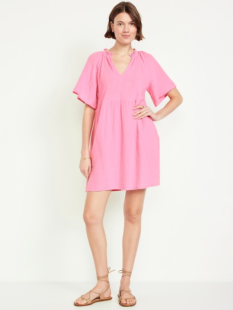 Split-Neck Crinkle Gauze Mini Swing Dress
