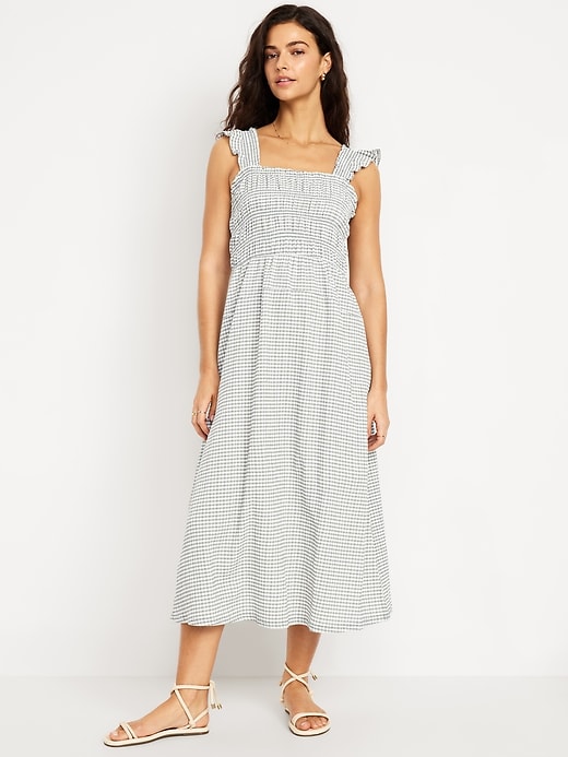 Image number 1 showing, Fit & Flare Lightweight Smocked Gingham Midi Dress