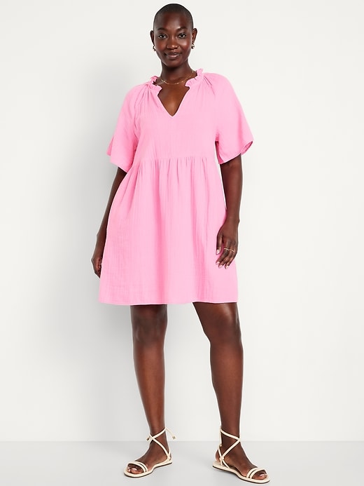 Image number 4 showing, Split-Neck Crinkle Gauze Mini Swing Dress