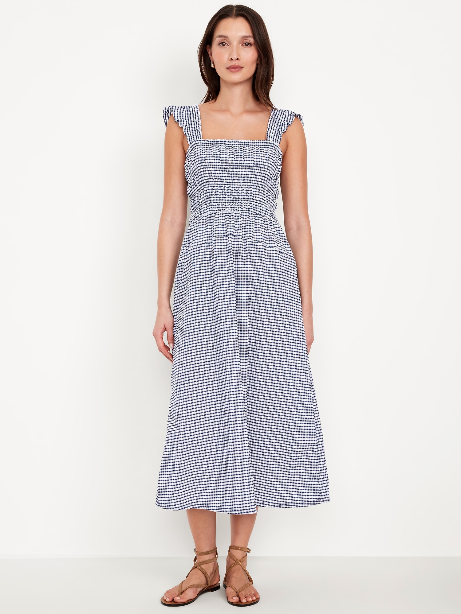 Fit & Flare Lightweight Smocked Gingham Midi Dress