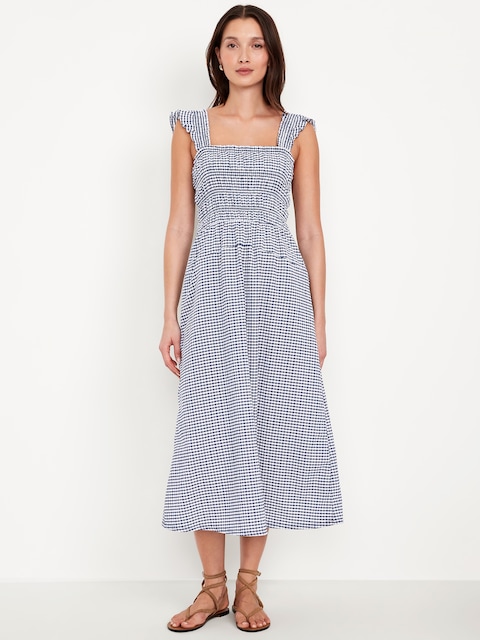 Fit & Flare Lightweight Smocked Gingham Midi Dress