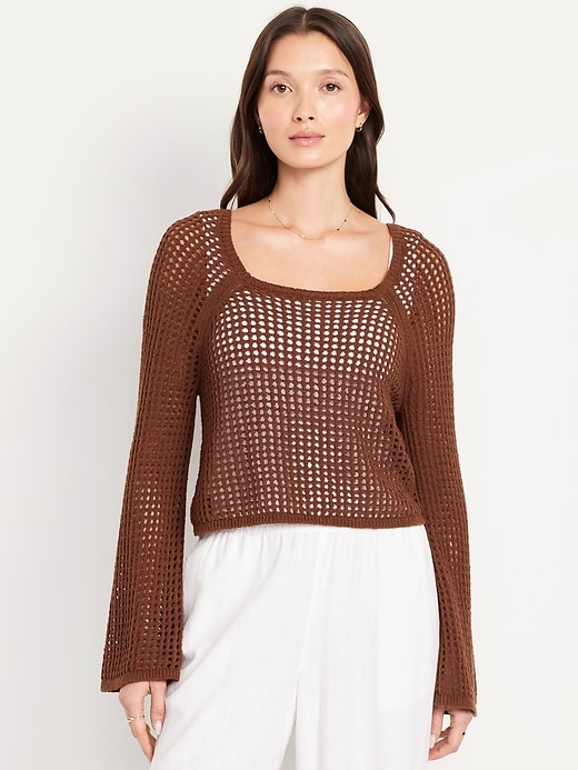 Image number 1 showing, Open-Stitch Cropped Bouclé Sweater