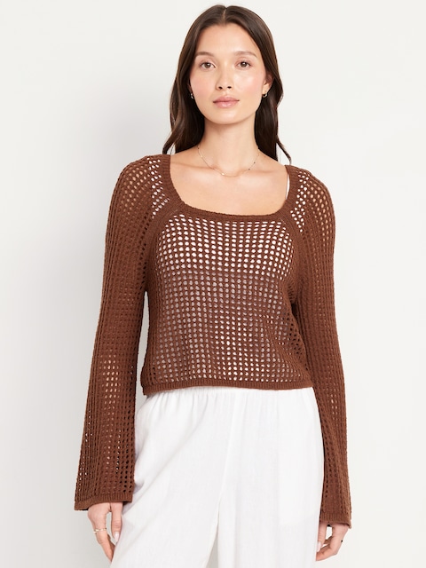 Open-Stitch Cropped Bouclé Sweater