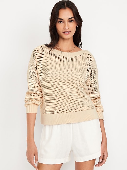 Image number 1 showing, Boat-Neck Open-Stitch Sweater