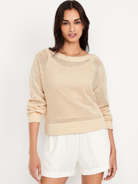 Boat-Neck Open-Stitch Sweater