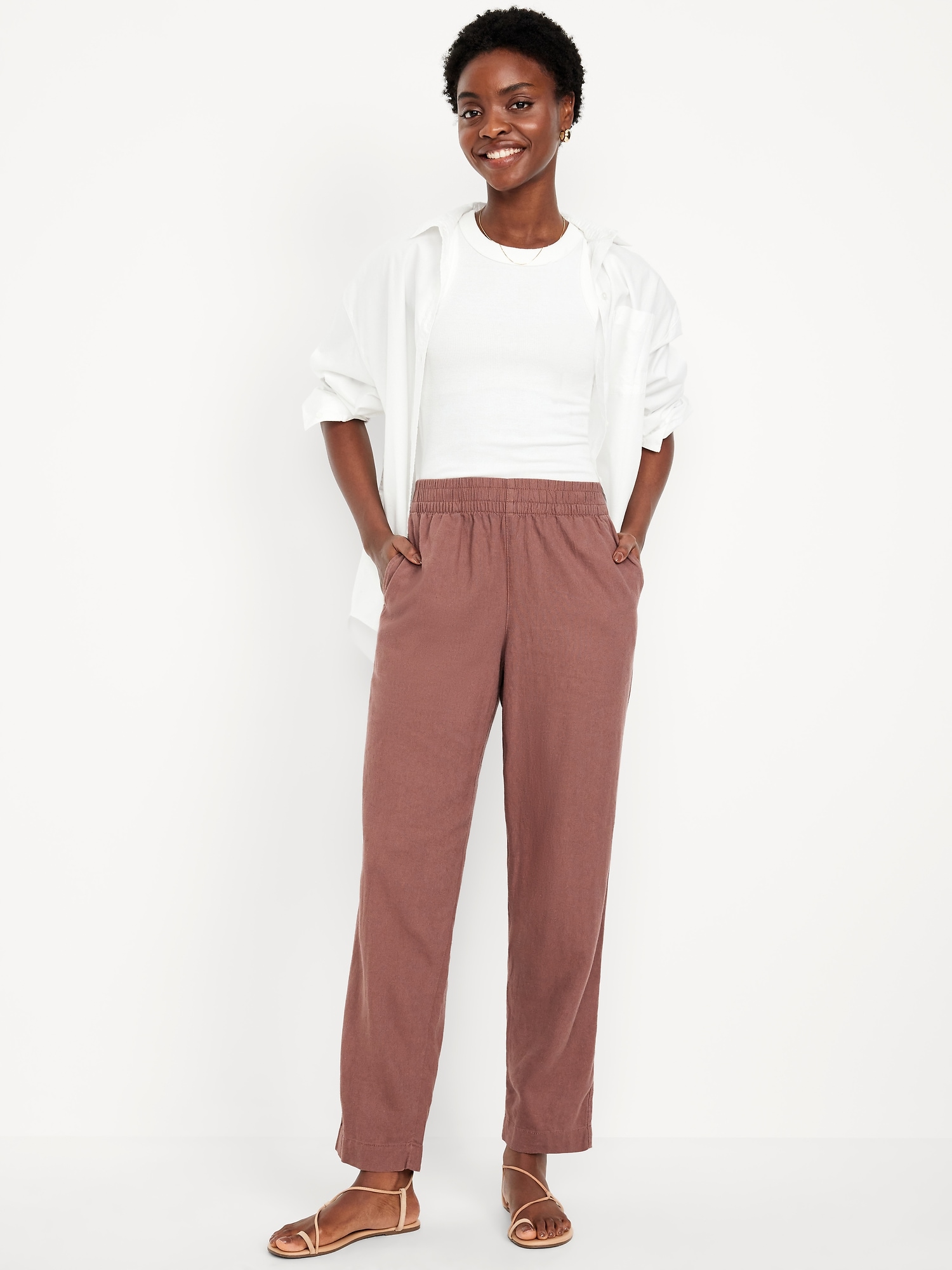 Linen-Blend Straight Ankle Pants