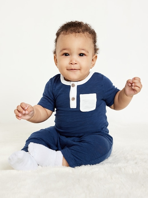 View large product image 1 of 2. Short-Sleeve Slub-Knit Henley One-Piece for Baby