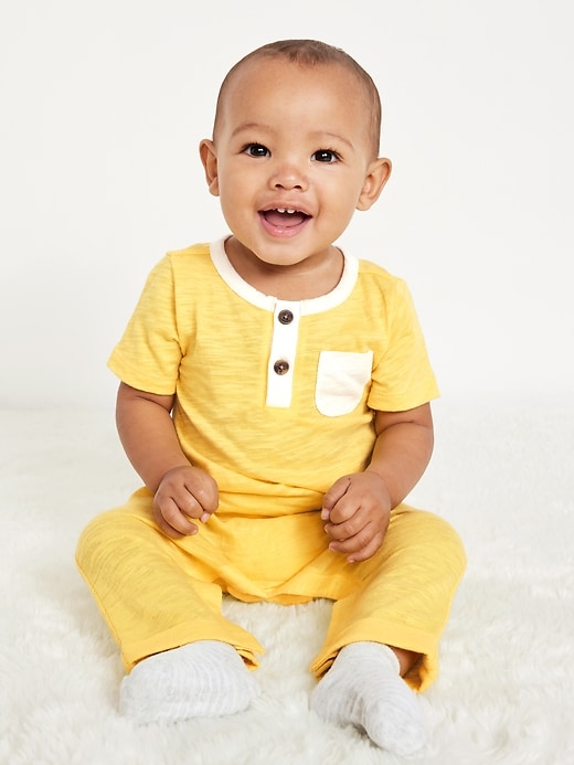 View large product image 1 of 2. Short-Sleeve Slub-Knit Henley One-Piece for Baby