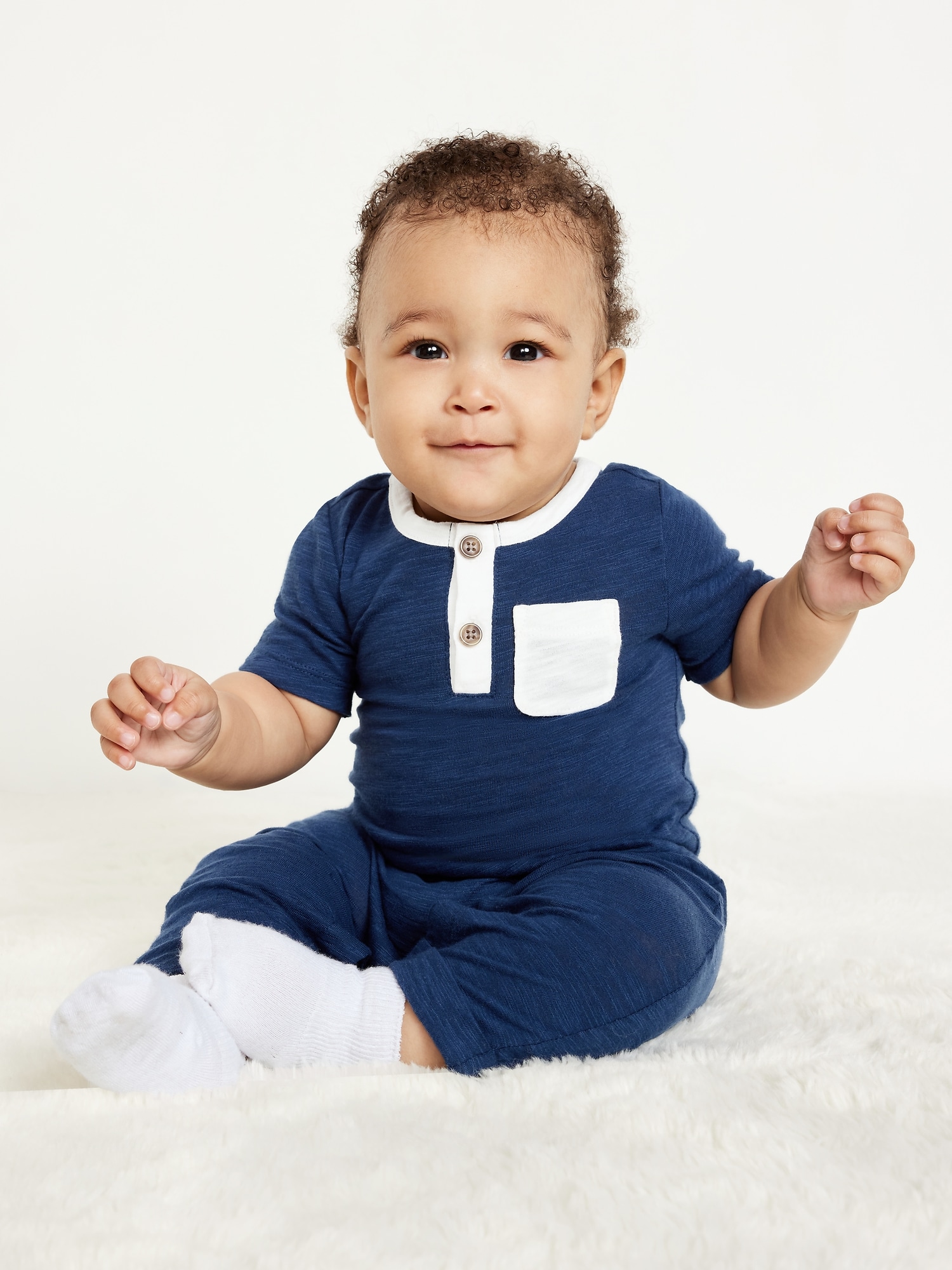 Short-Sleeve Slub-Knit Henley One-Piece for Baby