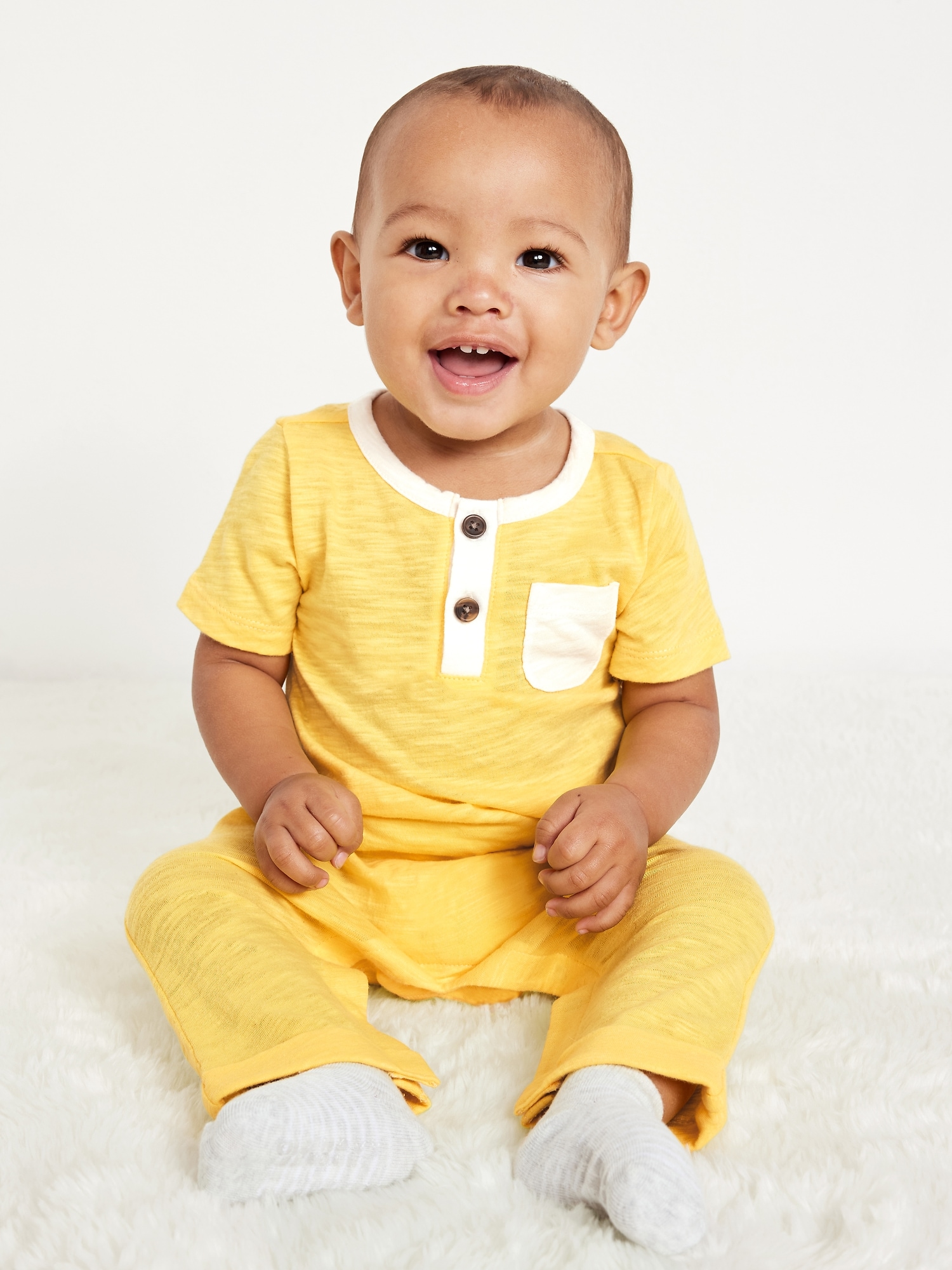 Short-Sleeve Slub-Knit Henley One-Piece for Baby