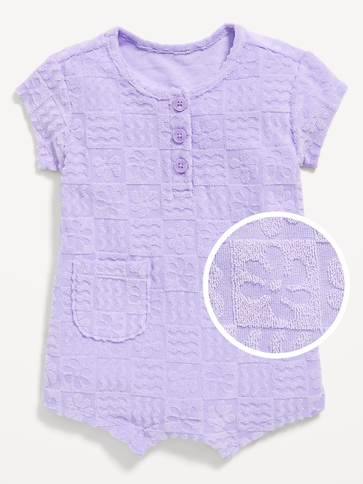 View large product image 1 of 1. Textured-Terry Henley Pocket One-Piece Romper for Baby