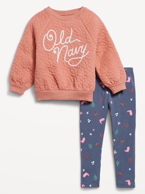 Ensemble avec chandail en coton ouaté ras du cou à logo imprimé et legging pour toute-petite fille - Multi