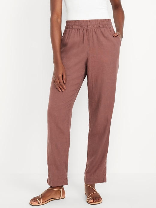 Image number 2 showing, High-Waisted Linen-Blend Straight Ankle Pants