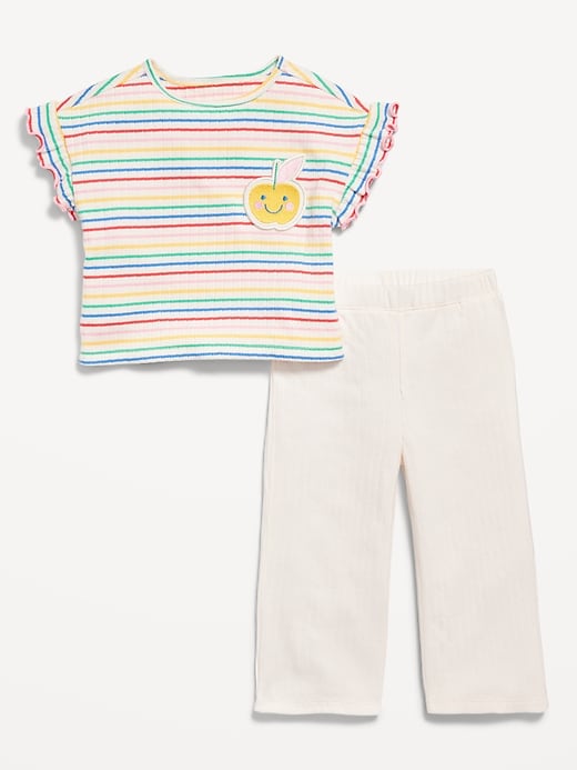 Image number 3 showing, Ribbed Ruffle-Trim Top and Wide-Leg Pants Set for Toddler Girls