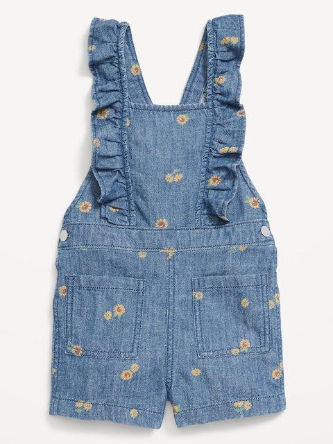 Printed Ruffle-Trim Chambray Shortalls for Toddler Girls