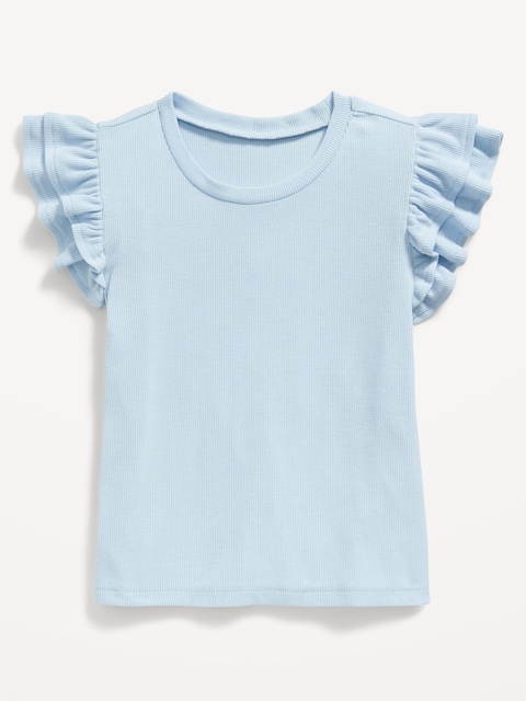 Fitted Short-Sleeve Ruffle-Trim Ribbed Top for Girls