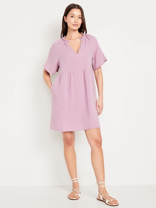 Image number 1 showing, Split-Neck Crinkle Gauze Mini Swing Dress